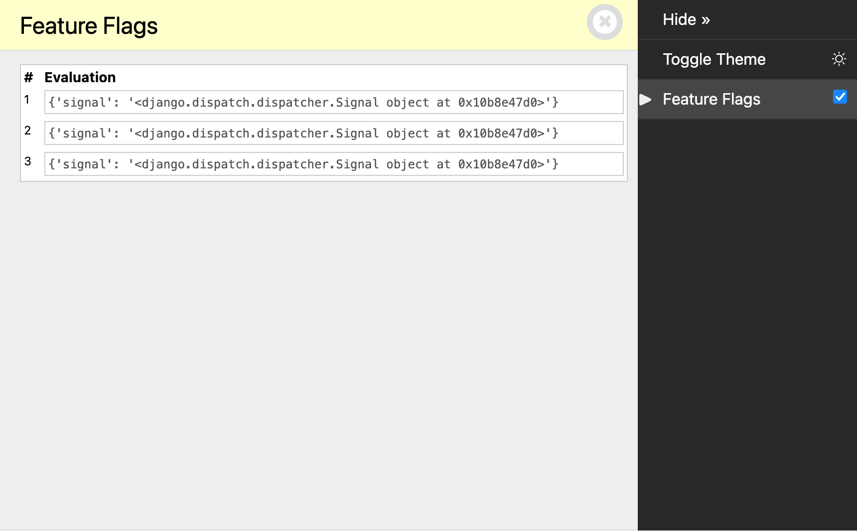 Screenshot of a DjDT panel showing a table. The table has one column, 'Evaluation', and three rows, each showing the kwargs dict for a feature flag evaluation event.