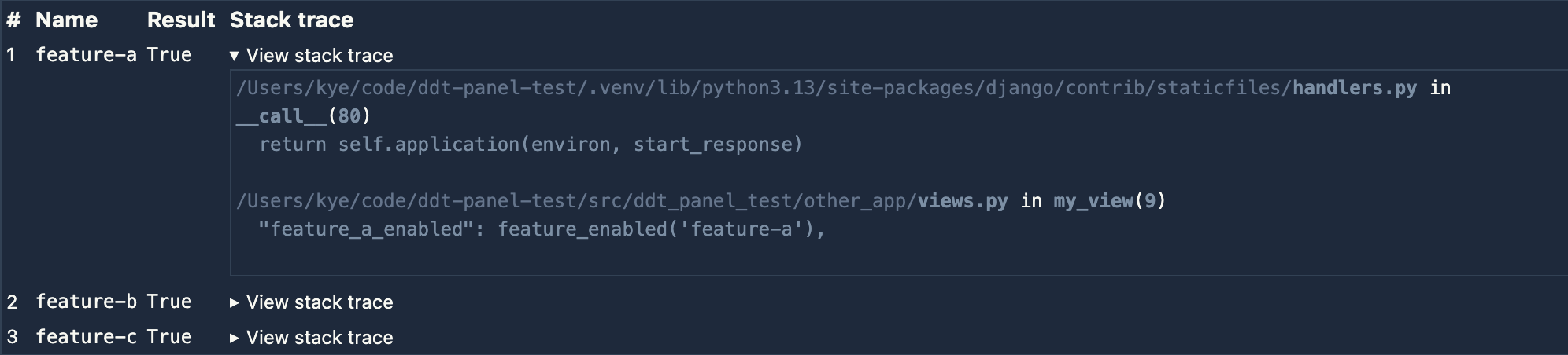 Screenshot of a DjDT panel showing a table. The table has four columns: '#', 'Name', 'Result', and 'Stack trace'. The first three columns show the evaluation number, the name of the evaluated feature flag, and the result of the evaluation respectively. The 'Stack trace' column contains a 'View stack trace' dropdown for each evaluation, which when clicked, shows the stack trace for that evaluation.